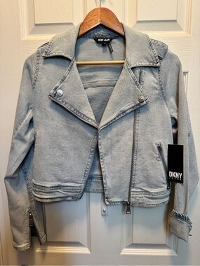 DKNY Light Gray Denim Moto-Style Jacket